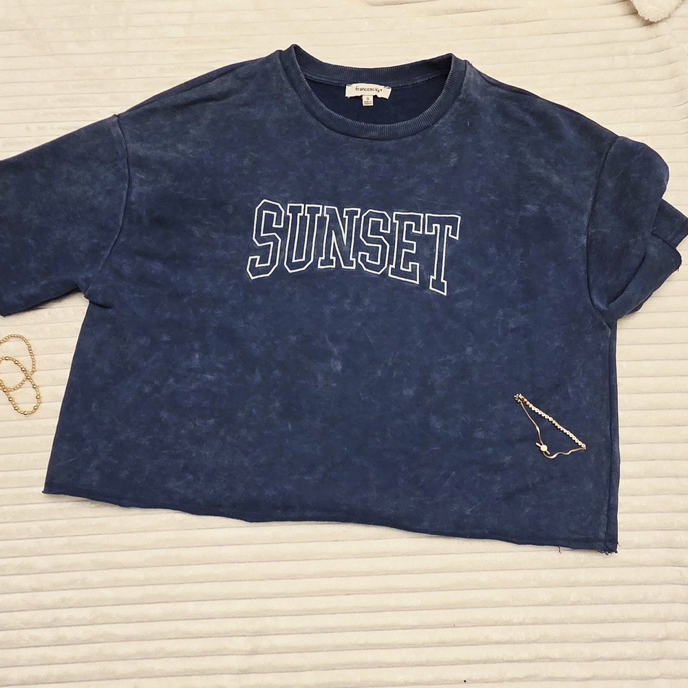 Francescas Blue Embroidered Cropped Crew Neck Sweatshirt with
